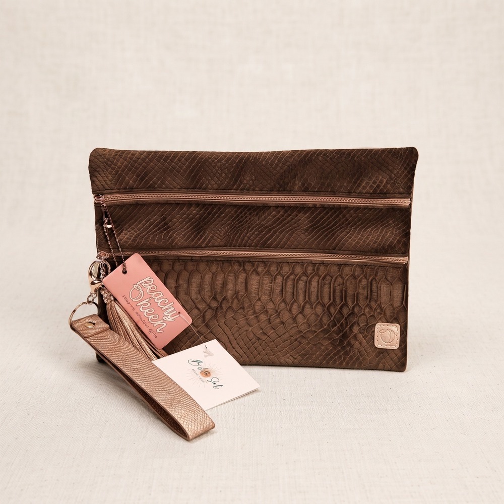 NWT Peachy Keen Versi Bag Brown Snakeskin Velvet Clutch Wristlet Rose Gold
